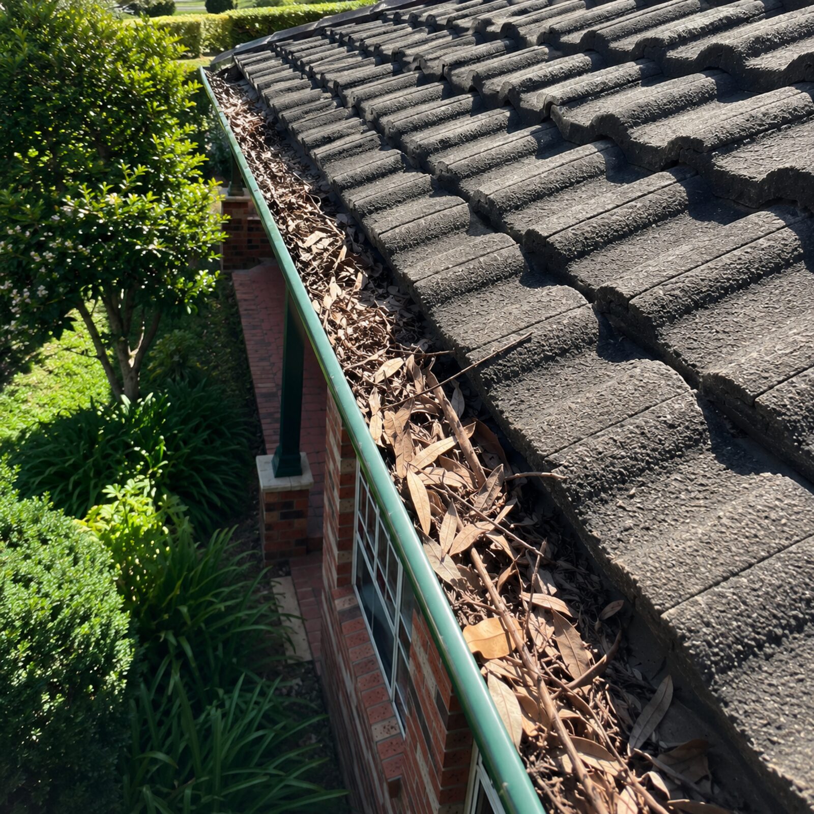 Green Colorbond gutter packed with leaves and twigs on a tile roof before gutter guard installation