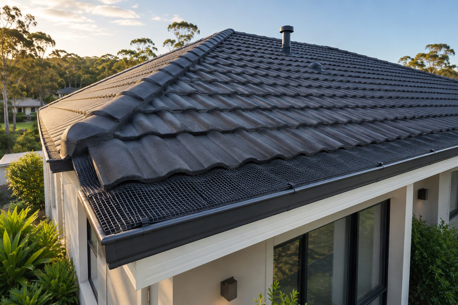 Tiled roof with mesh tucked under the tiles and sealed gutter line, Holsworthy