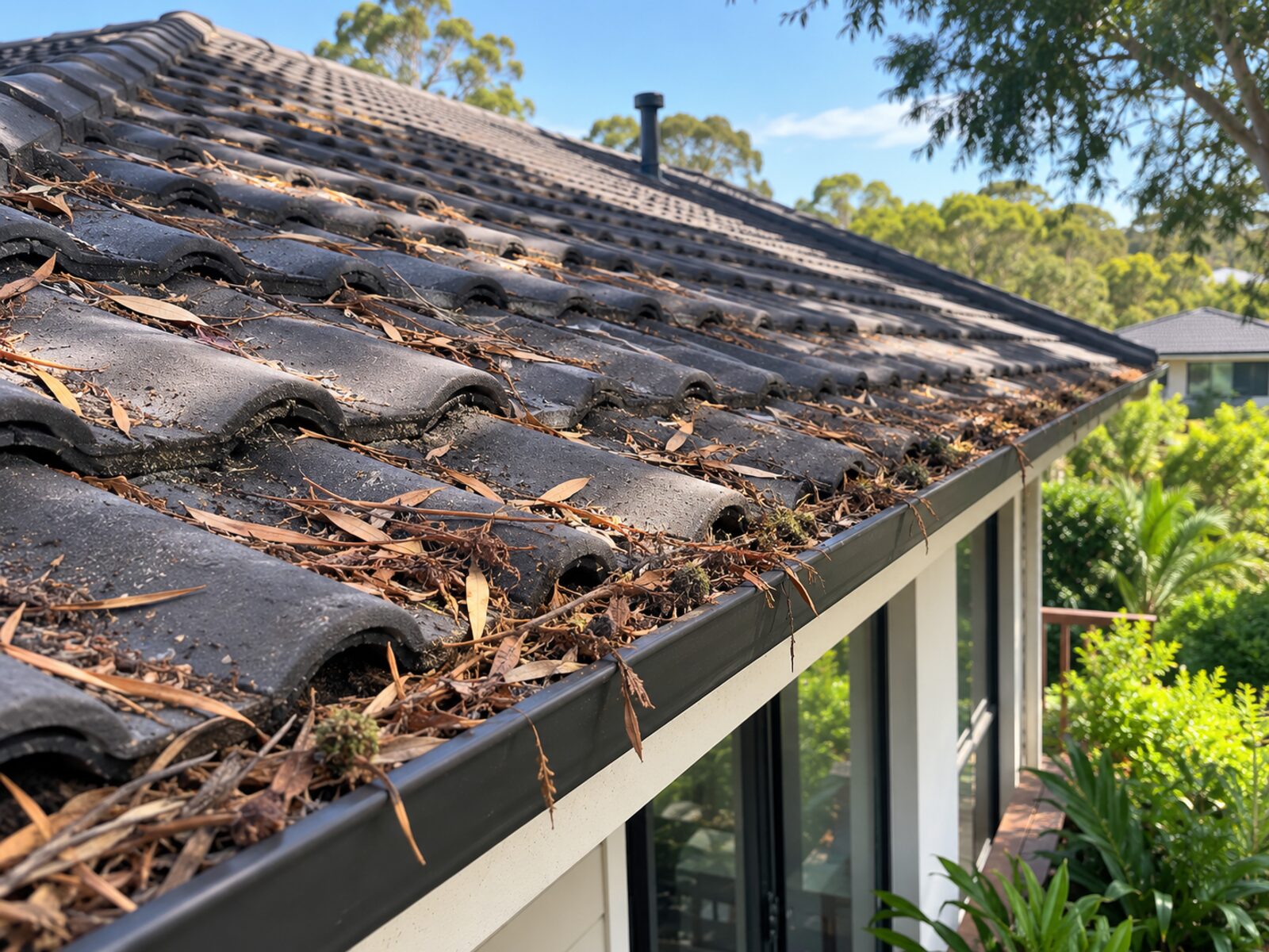 Tile roof with leaf-clogged unprotected gutter before gutter guard installation, Holsworthy