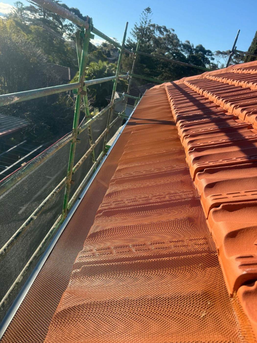 Colour-matched gutter mesh fitted along a tiled roof
