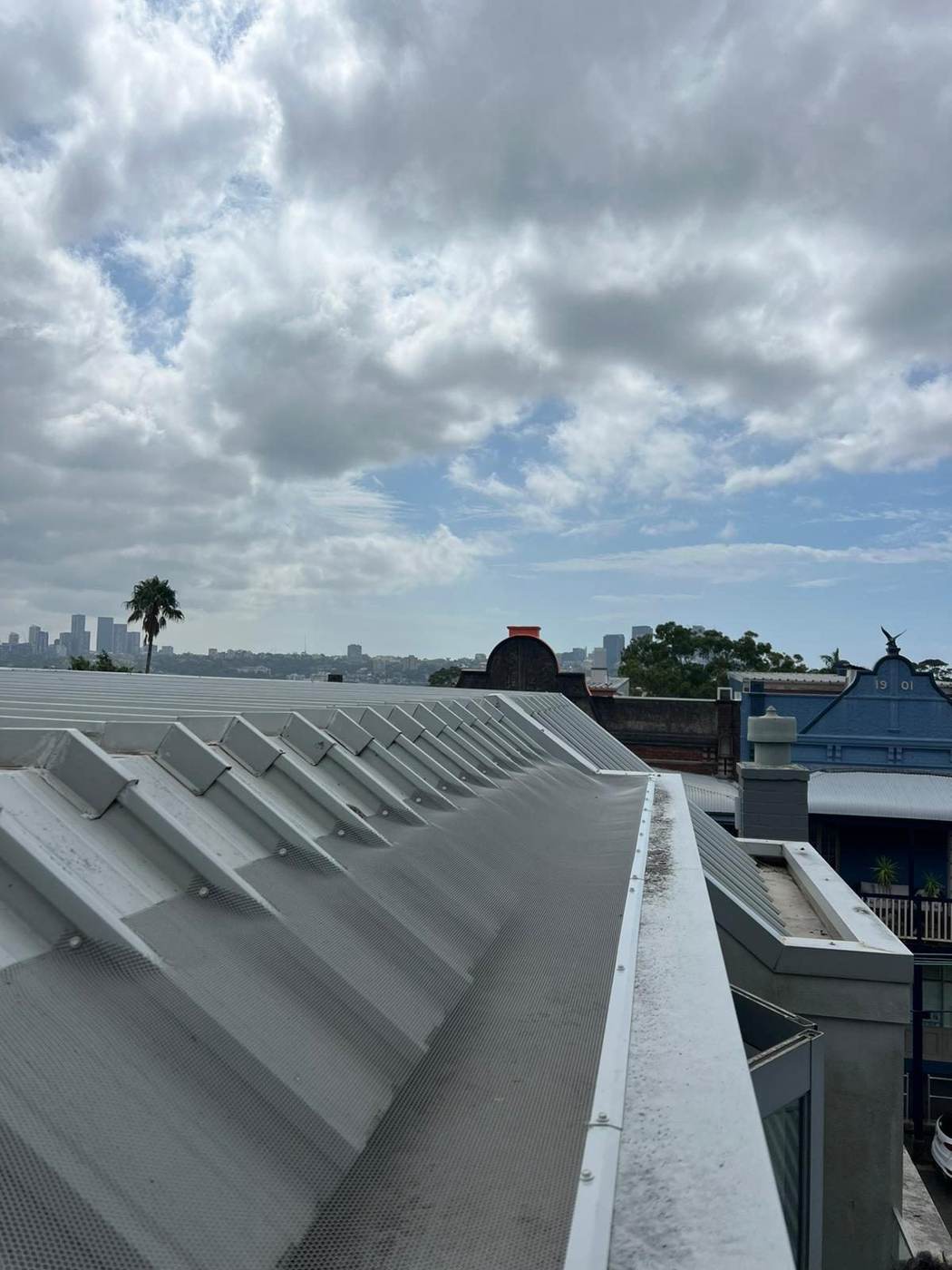 Gutter guard mesh installed on a corrugated roof