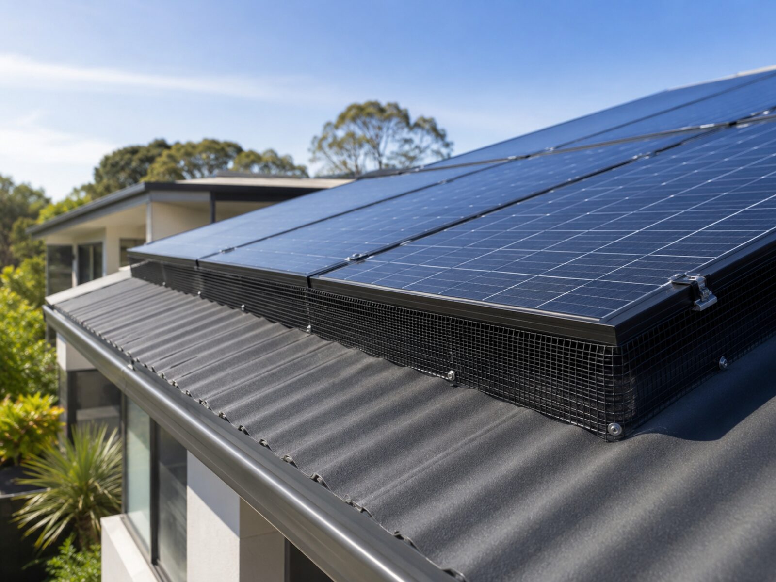 Close-up of black bird proofing mesh clipped around solar panels on a dark corrugated roof