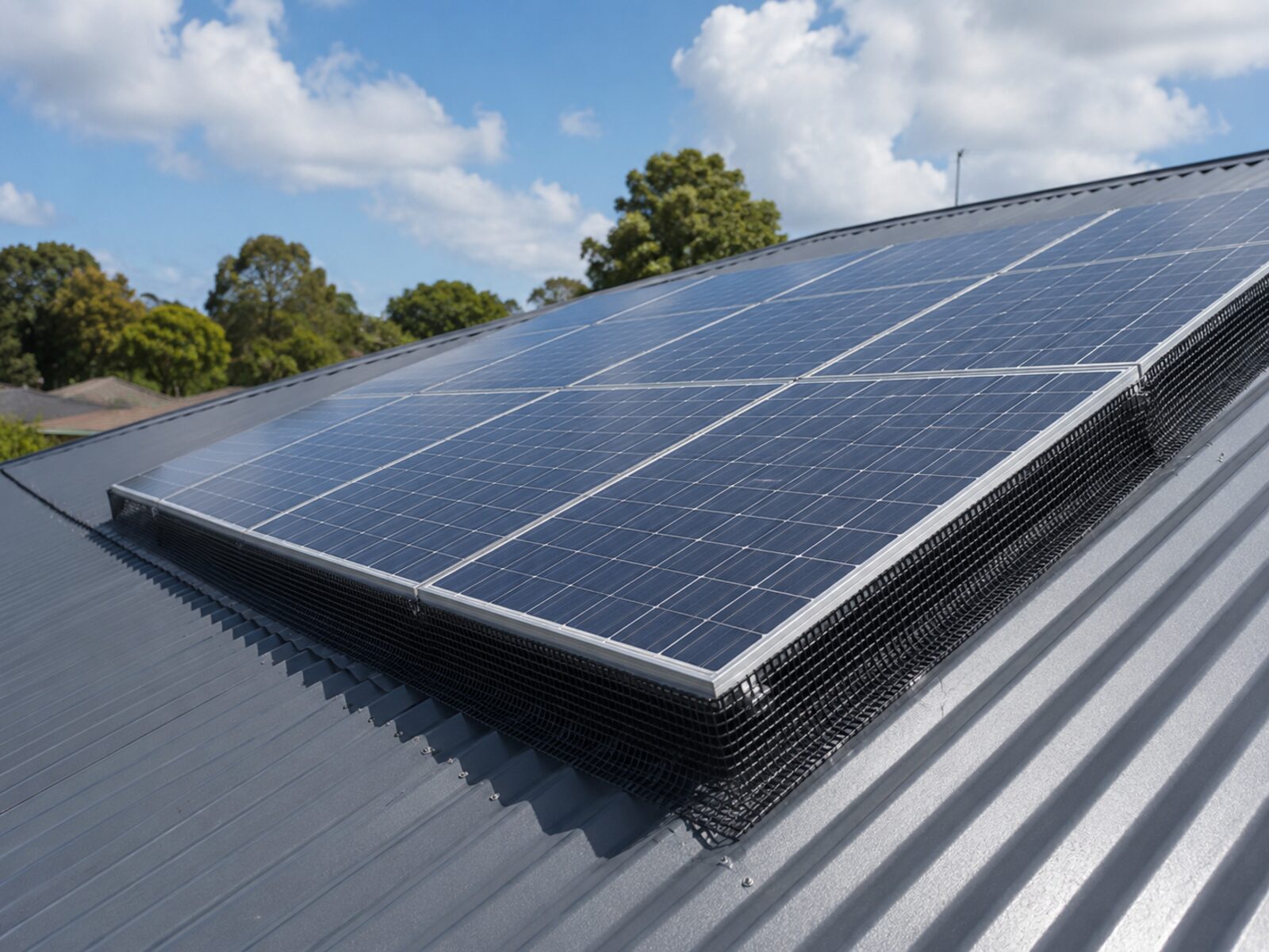 Bird proofing mesh along a long solar array on a corrugated metal roof