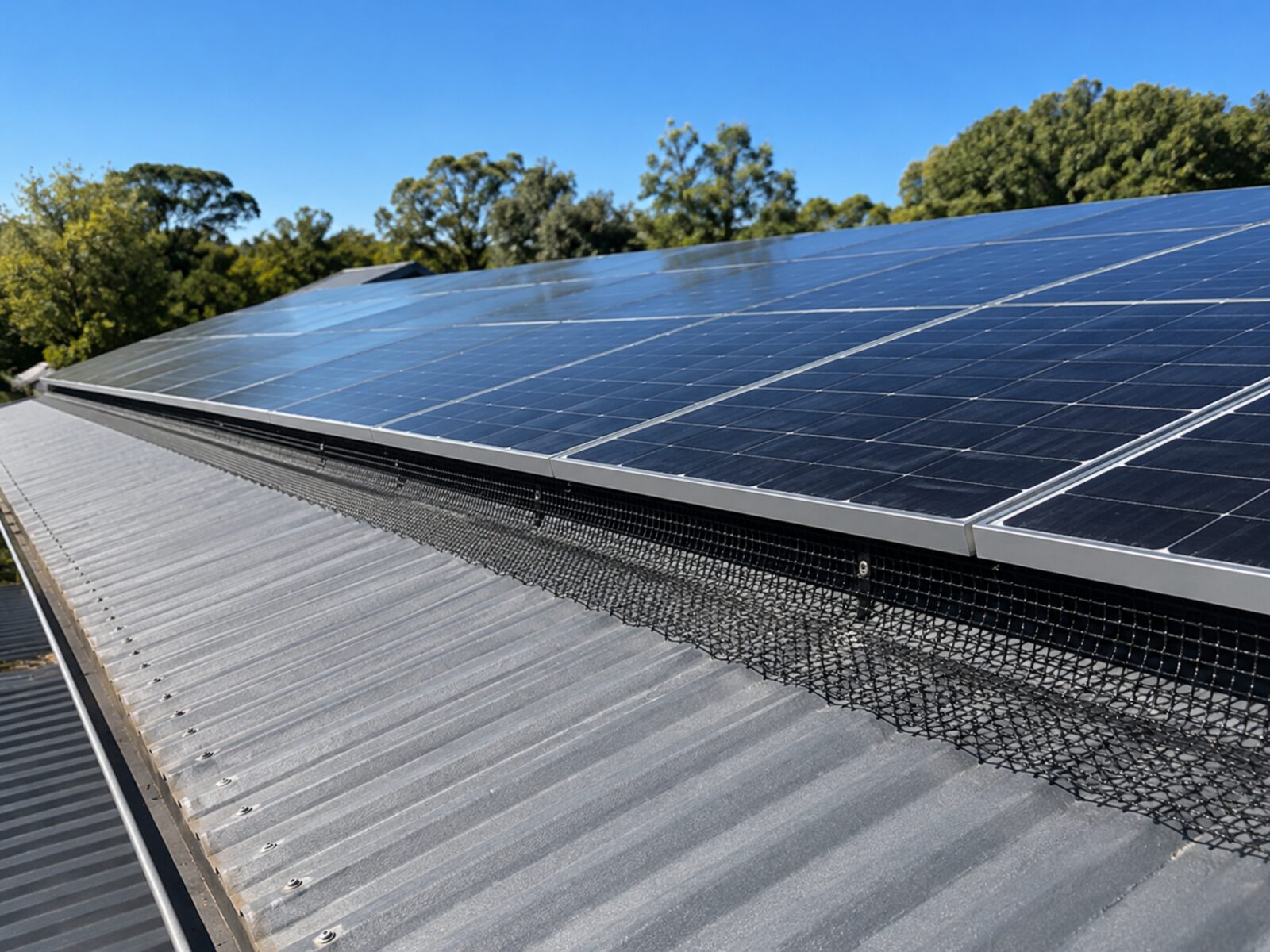 Solar panel bird proofing mesh fitted on a tile roof