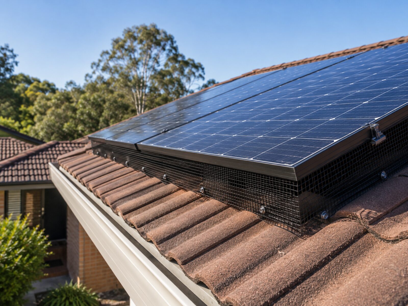 Close-up of bird proofing mesh under solar panels on a terracotta tile roof
