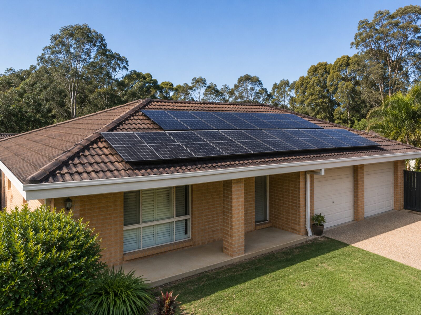 Australian brick home with bird-proofed solar array on a tile roof
