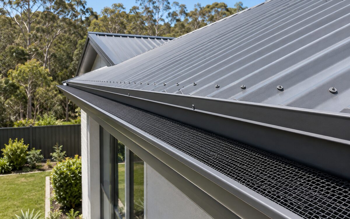 Colour-matched gutter mesh installed on a clean metal roof after washing