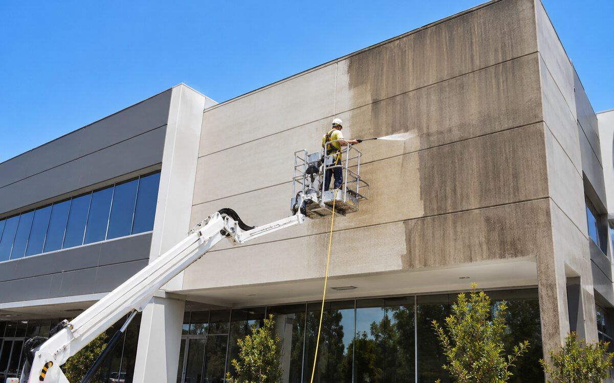 Commercial building facade being pressure washed from a boom lift