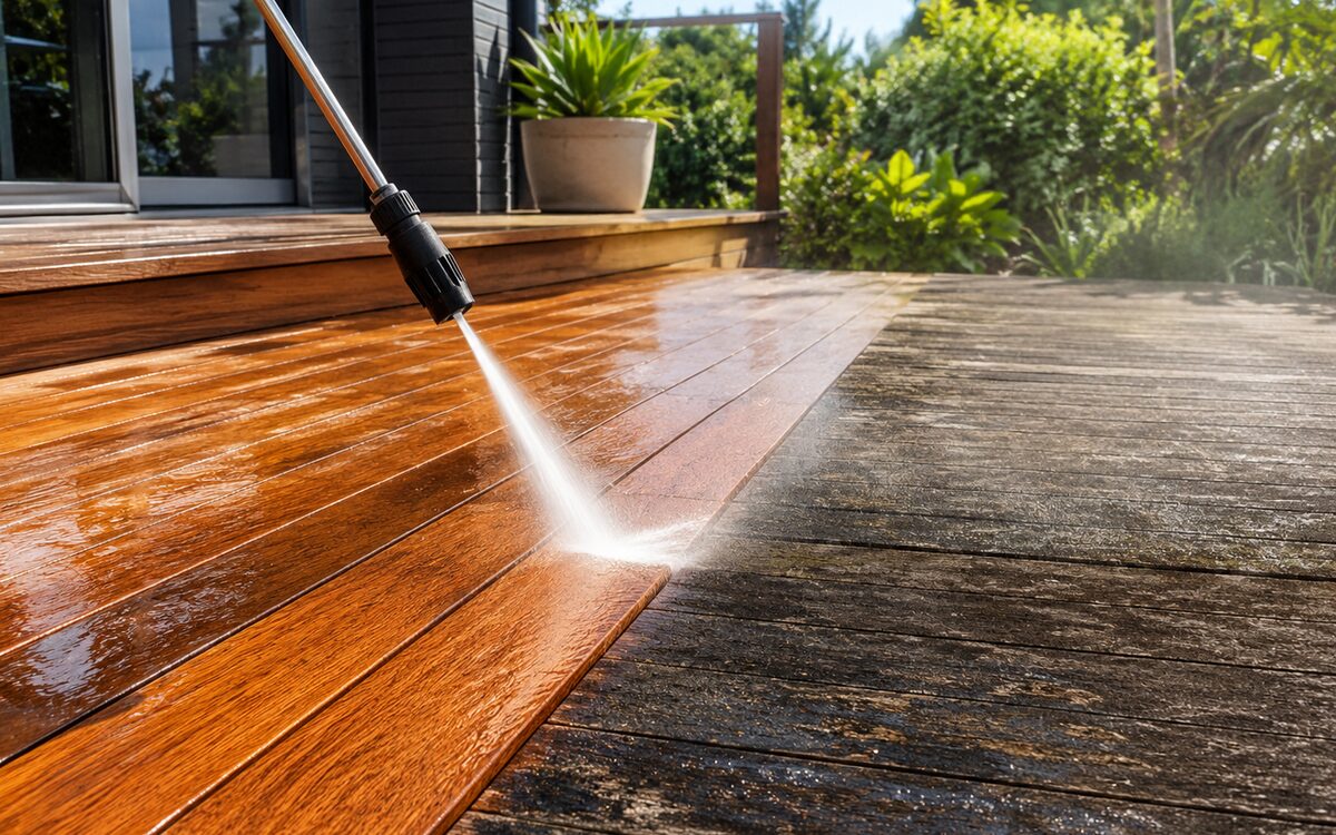 Timber deck half restored to golden colour by pressure washing