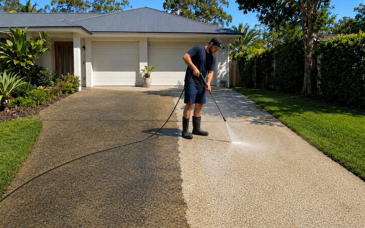Before and after of an exposed aggregate driveway pressure washed from grimy to clean
