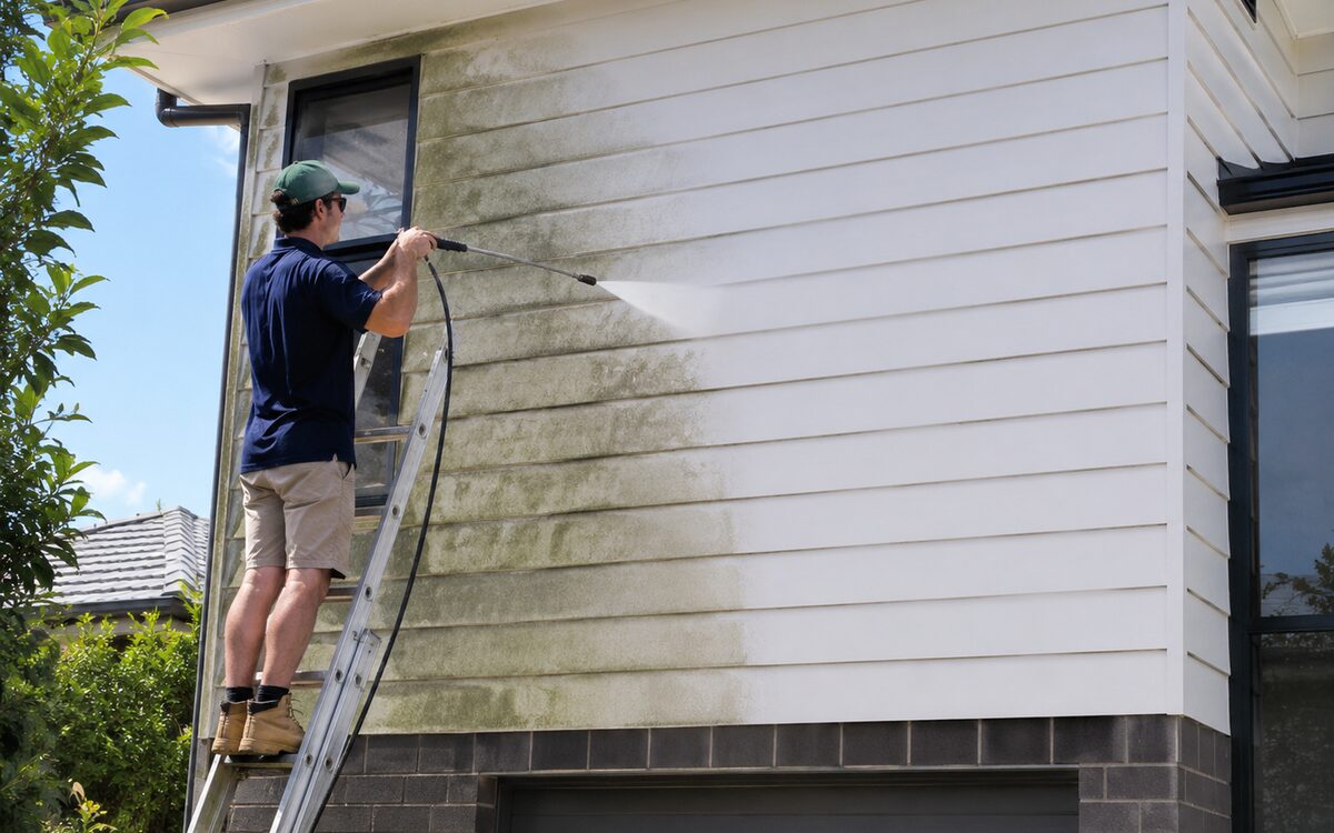 Technician soft-washing green mould off white weatherboard cladding