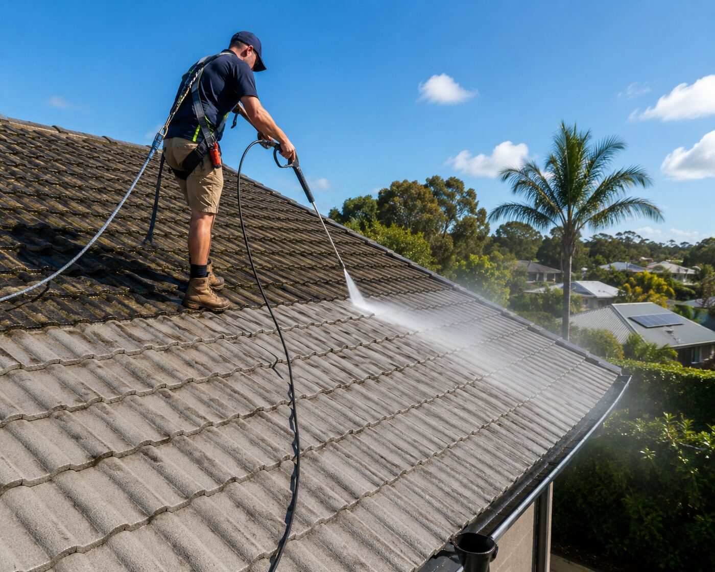 Technician pressure washing a tile roof, restoring it from mossy grey to clean