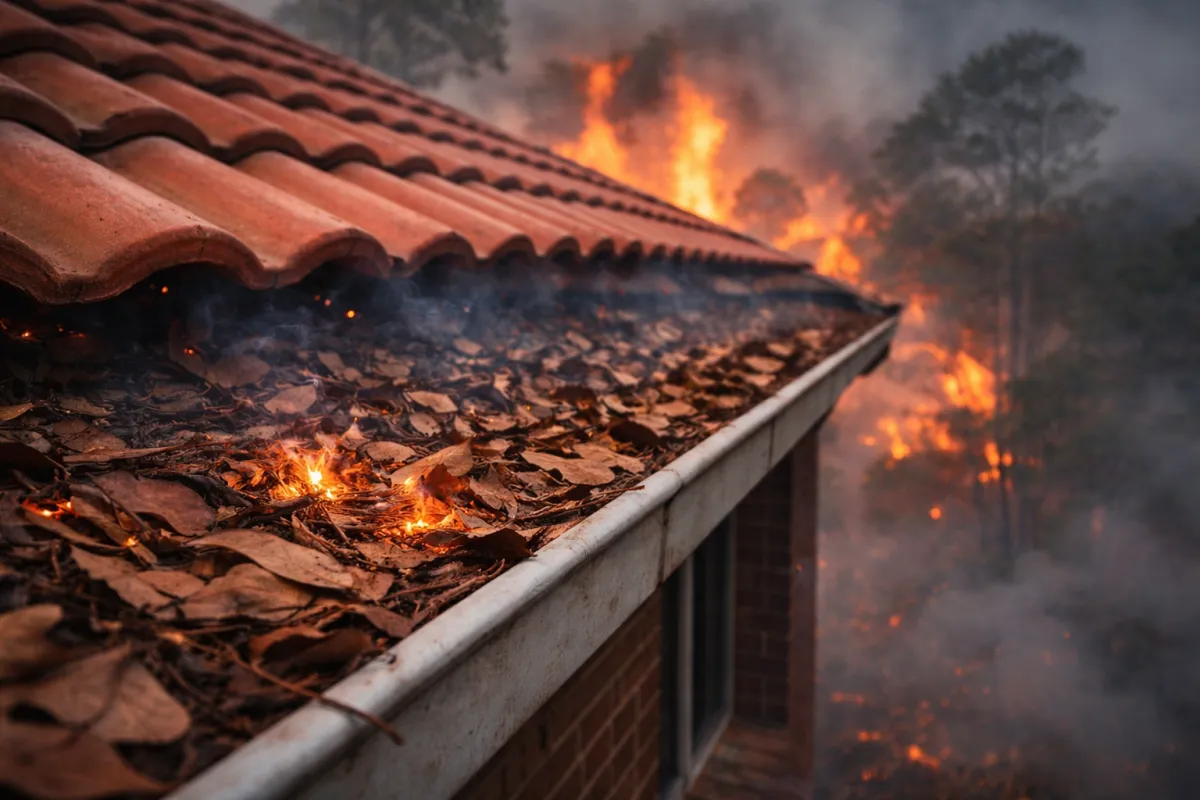 Bushfire embers igniting dry leaves in an unprotected gutter