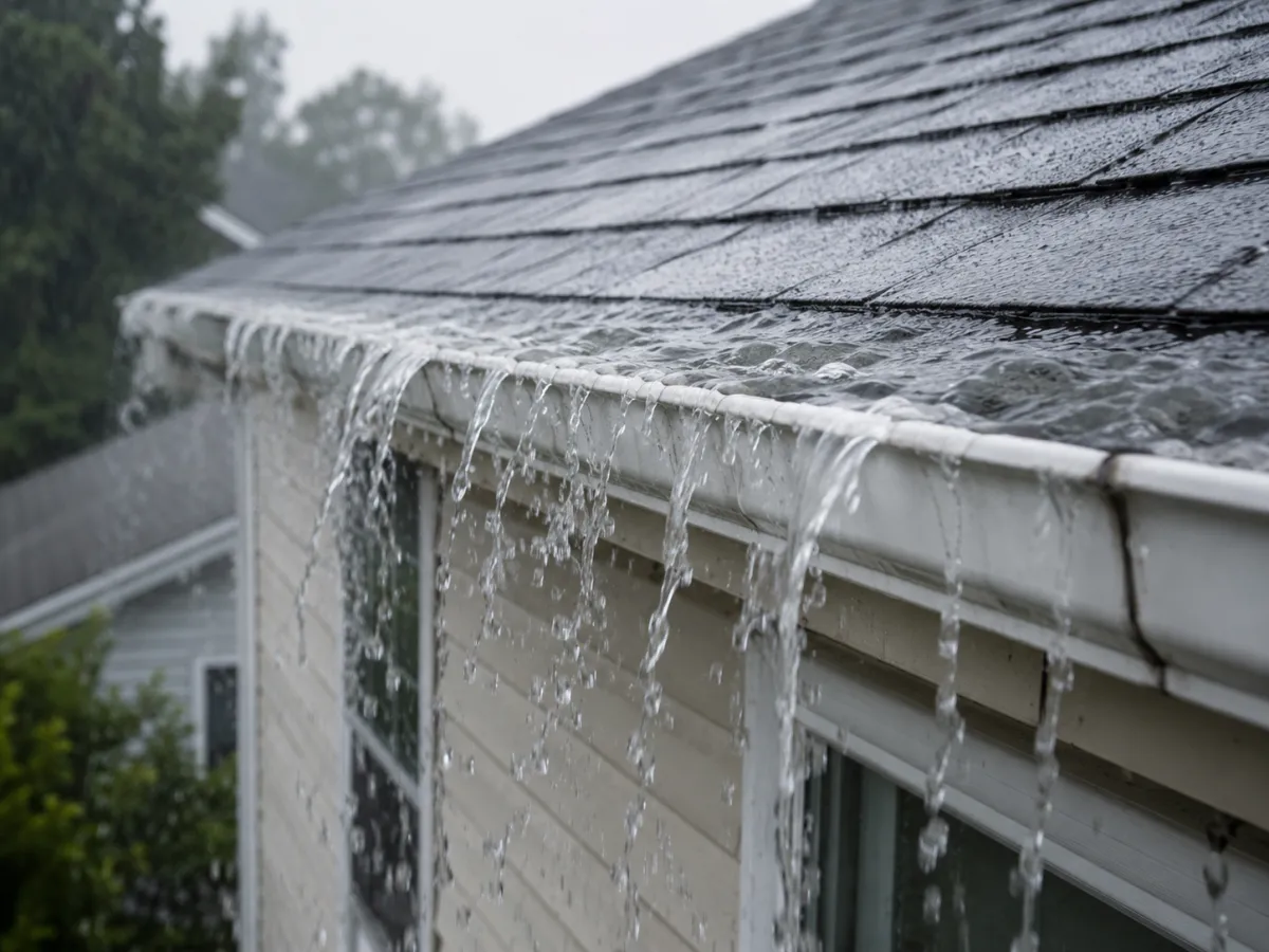 Rainwater overflowing a blocked gutter during a heavy storm