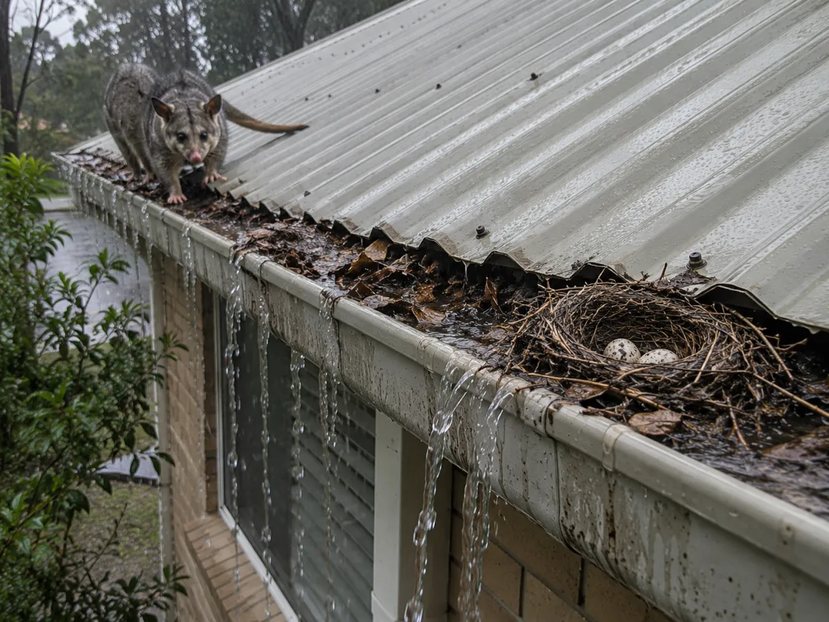 Possum and bird nest in a leaf-filled gutter on a metal roof